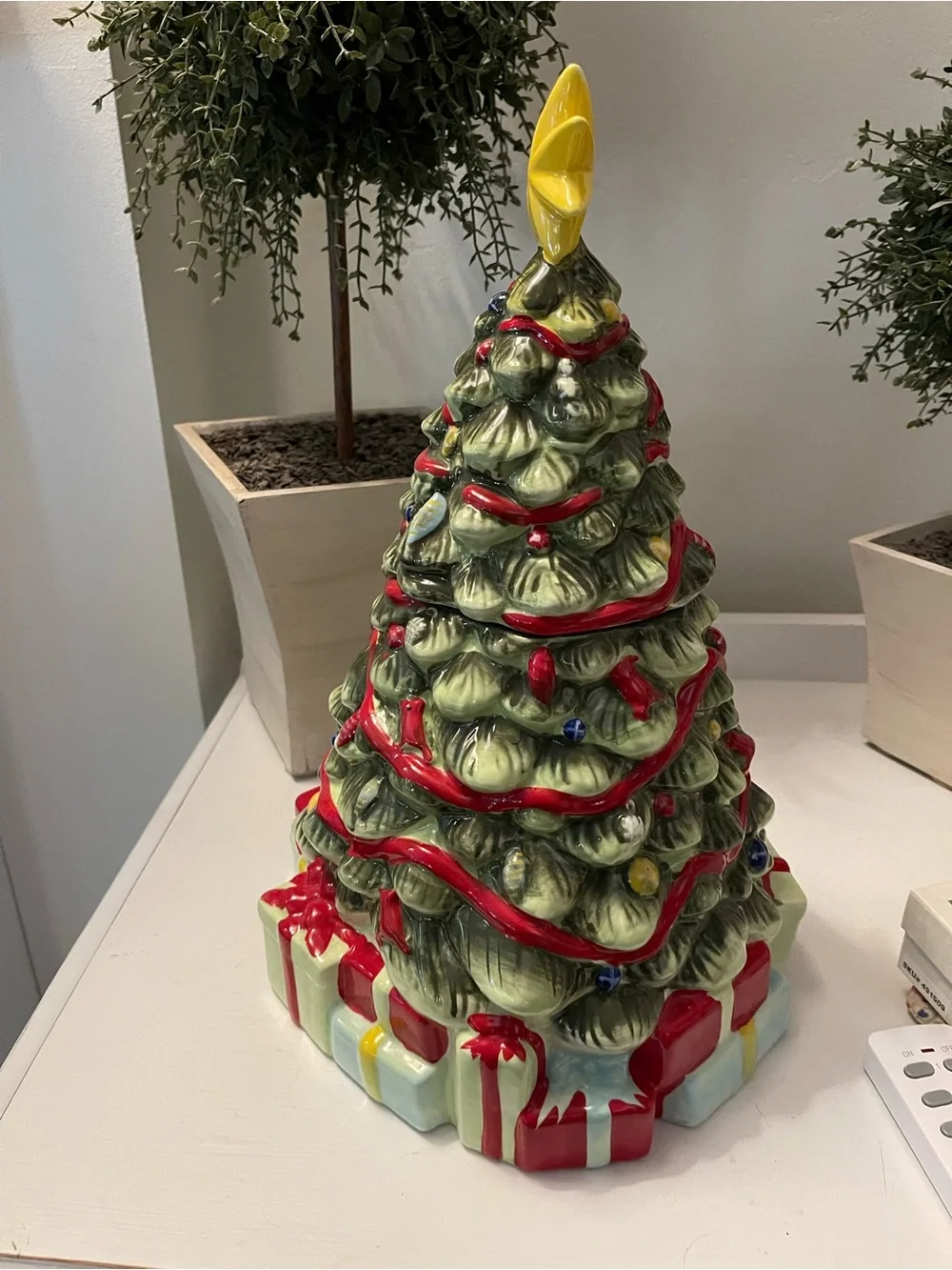 Decorative Ceramic Christmas Tree with Yellow Star - Green/Red Holiday Accent